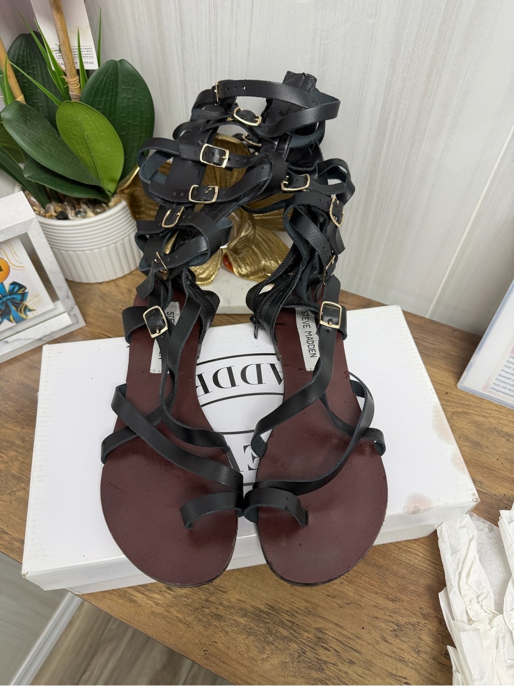 Steve Madden Black Strappy Gladiator Sandals with Gold Buckles